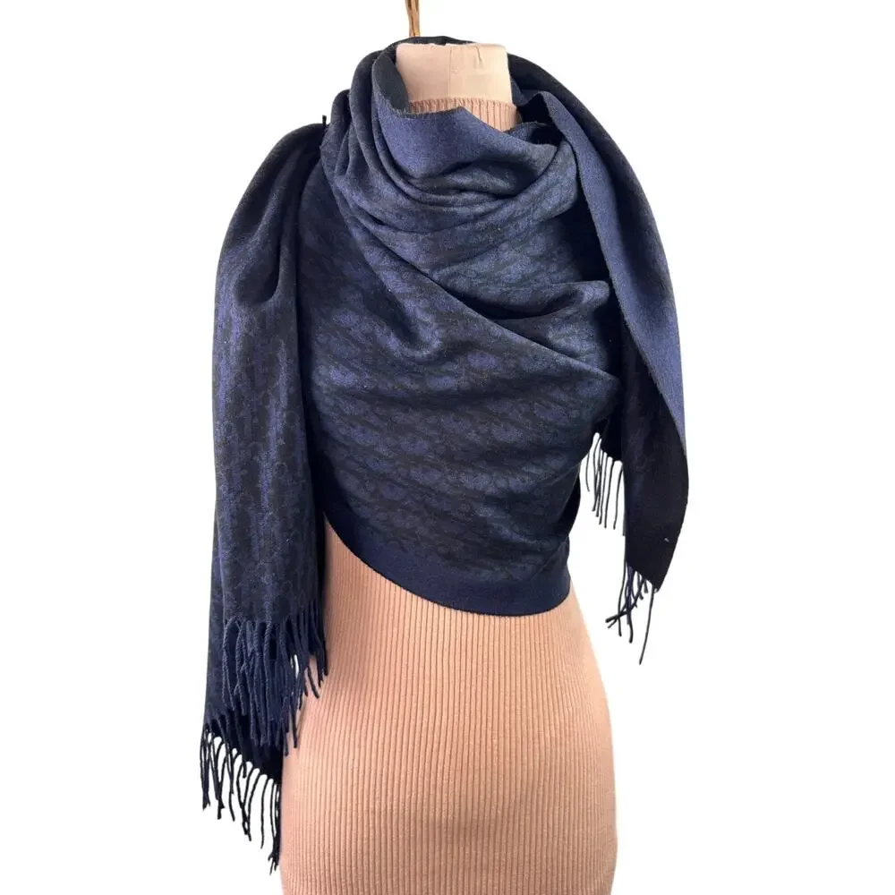 DIOR Oblique Navy Black Double-Sided Scarf Cashmere Fringed Edges Around Neck